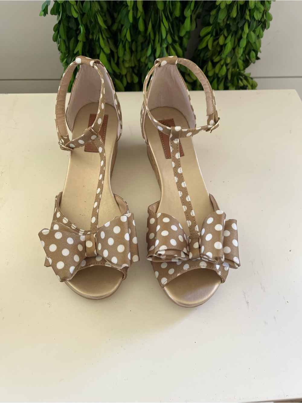 Joyfolie Tan Polka Dot Bow T-Strap Wedge Sandals